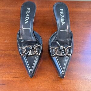 Prada Black Chain Detail Pointed-Toe Mules with Kitten Heel